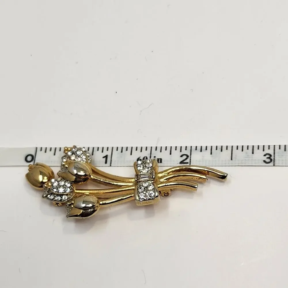 Tulip Bouquet Gold Tone Clear Rhinestone Brooch Flowers Floral Costume Jewelry